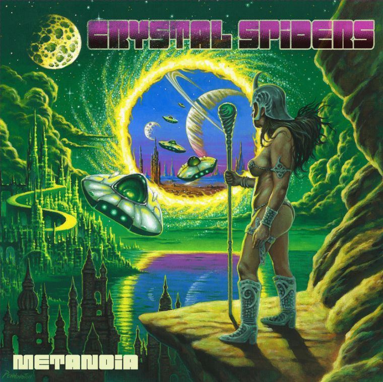 Metanoia album cover — sci-fi artwork of a warrior overlooking a green alien city with flying saucers